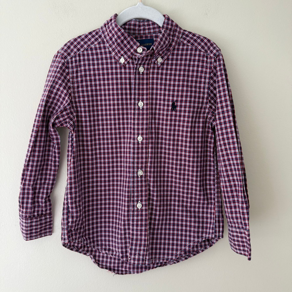 Ralph Lauren Boys Red White Blue‎ Plaid Button Down Cotton Shirt Size 4 RN41381